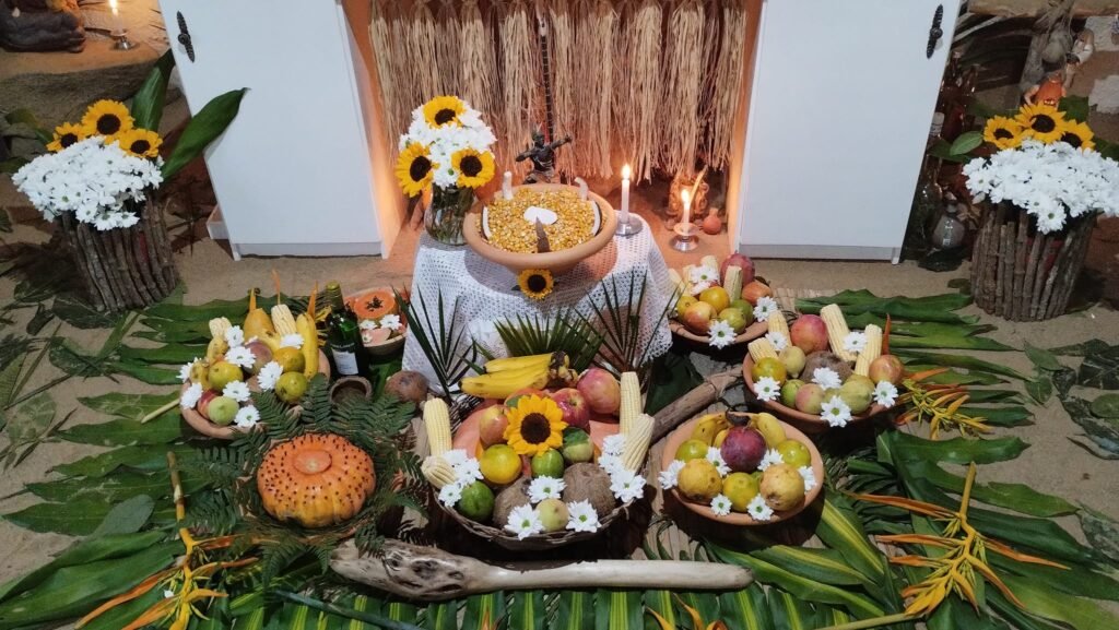 Imagem aproximada da (oferenda) preparada para Oxóssi e o povo da mata.
Contendo muitas frutas, flores e folhas.